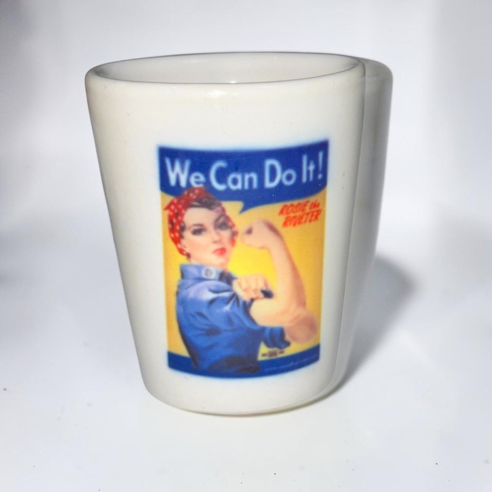 Rosie the Riveter We Can Do It White Ceramic Shot Glass Historical Barware